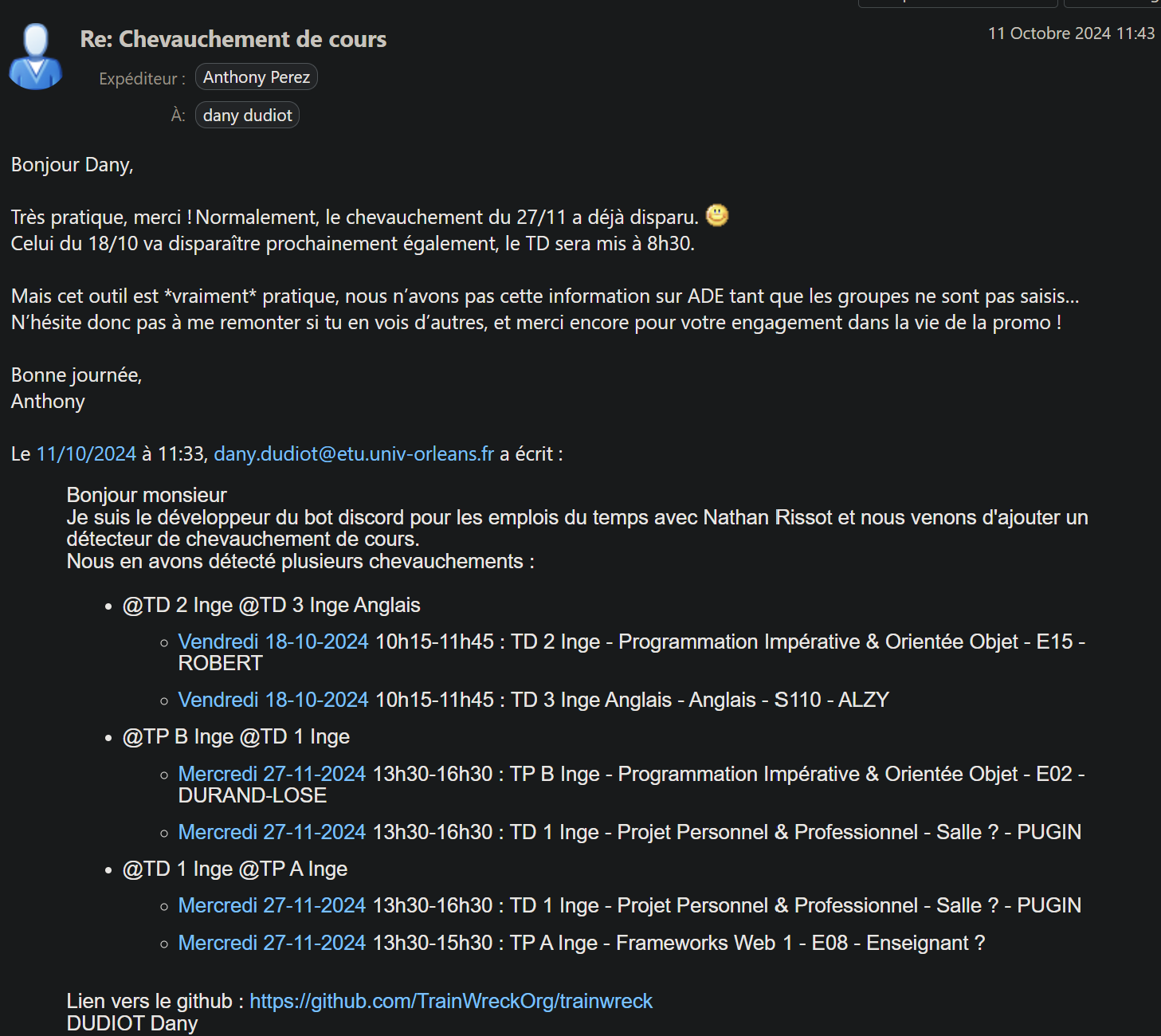 Image du mail de Mr Perez