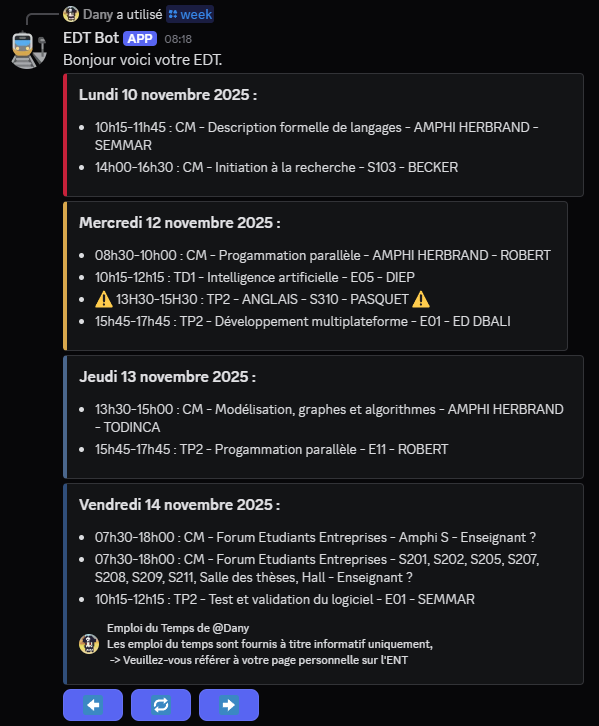 Capture d'écran de l'edt de la semaine sur discord