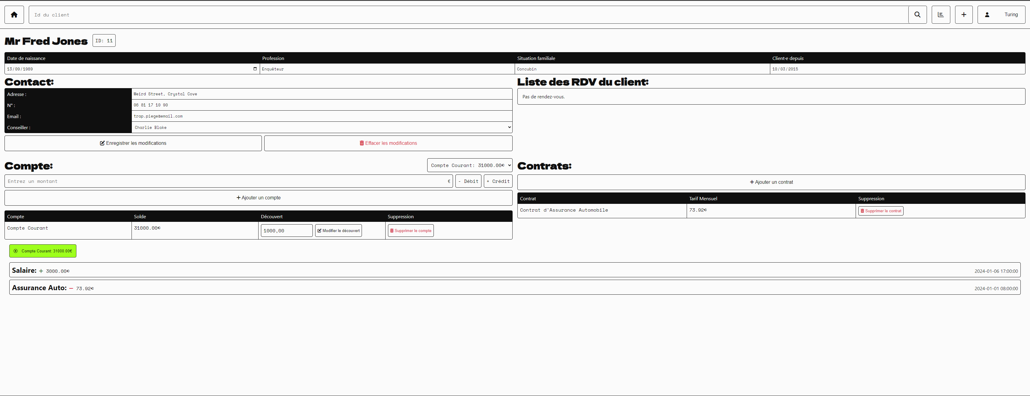 Page de synthèse du client